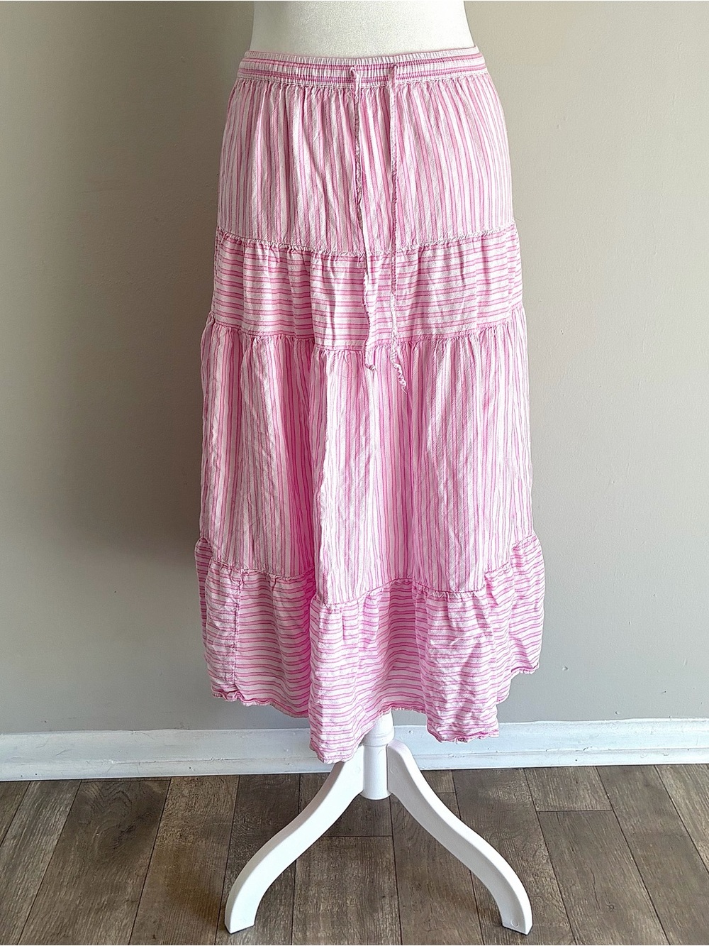 American Eagle Pink & white striped tiered midi skirt with elastic waist & tie